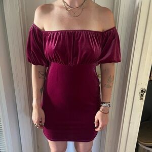 Dark Magenta Velvet off the shoulder Dress